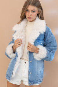 Blue B Denim Jacket with Faux Fur Trim in Denim