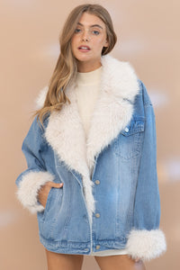 Blue B Denim Jacket with Faux Fur Trim in Denim