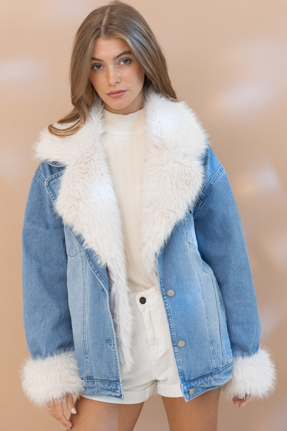 Blue B Denim Jacket with Faux Fur Trim in Denim