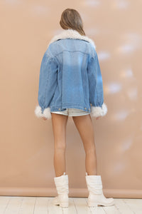 Blue B Denim Jacket with Faux Fur Trim in Denim