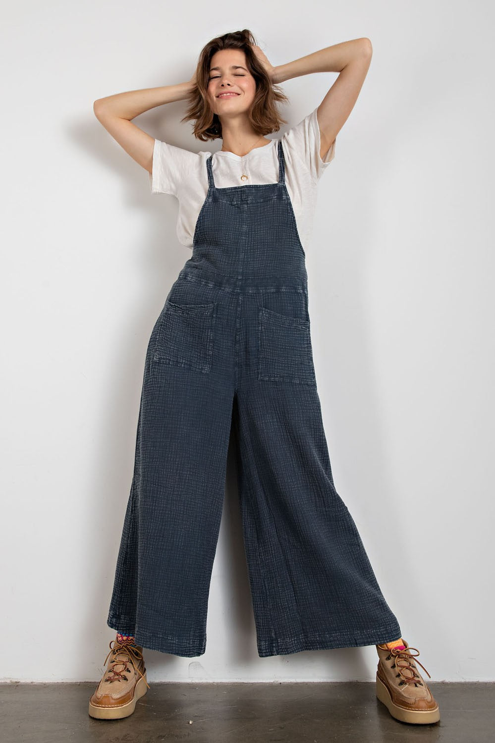 Easel Washed Cotton  Jumpsuit/Overalls in Faded Denim Overalls Easel   