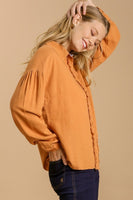 Umgee Linen Blend Collar Button Down Multi Color Top in Caramel