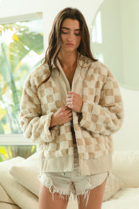 BiBi Checkered Sherpa and Corduroy Contrast Zip Up Jacket in Ivory/Latte