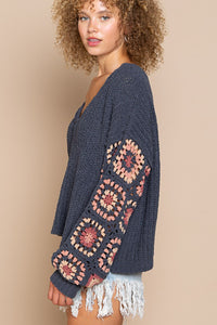 POL Square Pattern Sleeves Chenille V-Neck Sweater in Ink Charcoal