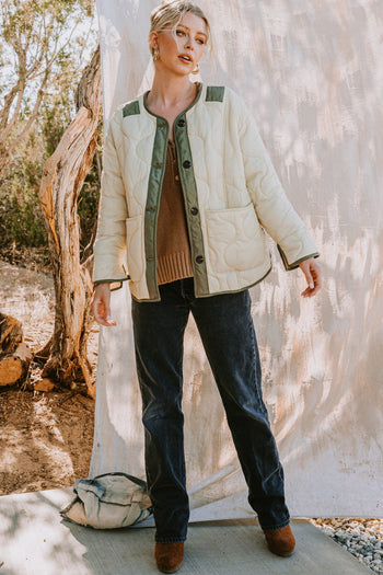 Oddi Solid Color Lightweight Jacket with Contrasting Trim in Sage Green