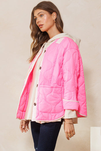 Oddi Solid Color Lightweight Jacket with Contrasting Trim in Neon Pink