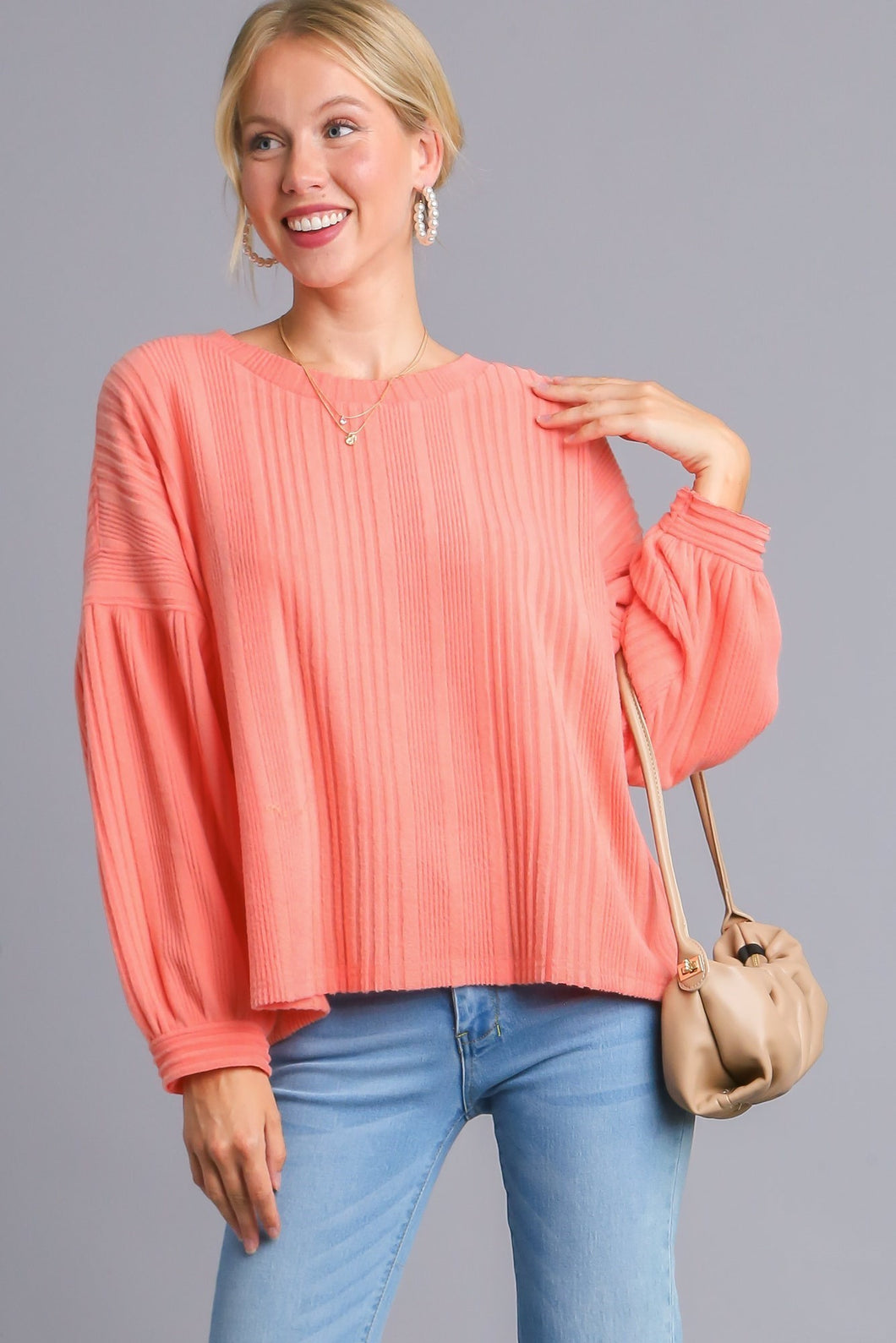Umgee Ribbed Knit Balloon Sleeve Top in Salmon