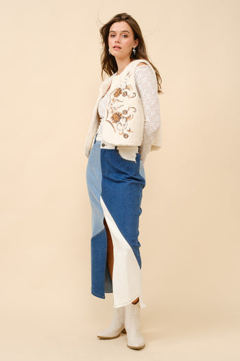 Blue B Western Embroidered Fur Vest in Off White