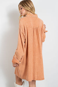 Easel Cotton Gauze Mineral Washed Shirt Dress in Washed Coral  Easel   