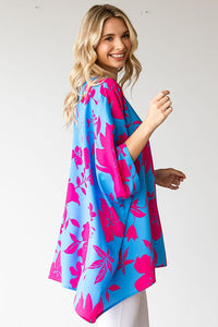 First Love Floral Print Loose Fit Poncho Top in Blue Top First Love   