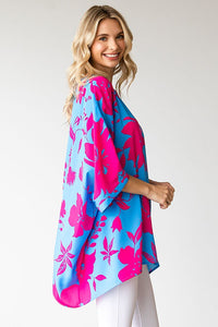 First Love Floral Print Loose Fit Poncho Top in Blue Top First Love   