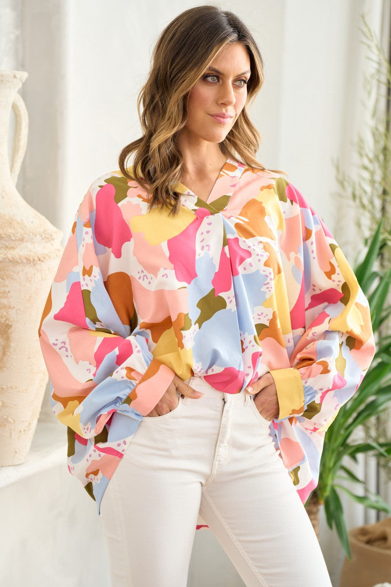 Oversized Fit Blouse with Brush Stroke Print in Pink  Hailey & Co.   