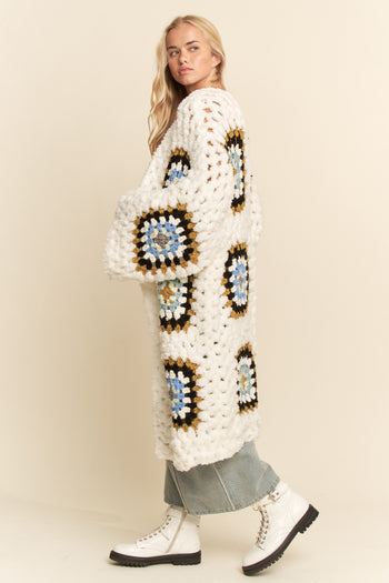 Davi & Dani Granny Square Crochet Cardigan in White Multi
