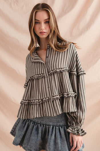 So Me Variegated Stripe Reversible Flowy Boho Top in Black