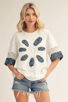 Jodifl Flower Patch Detail Mixed Fabric Top in White ON ORDER