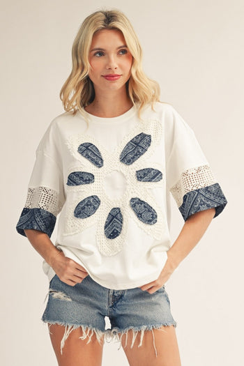Jodifl Flower Patch Detail Mixed Fabric Top in White ON ORDER