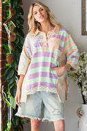 Oli & Hali OVERSIZED Multicolored Mix n Matched Striped Top with Flower Patches in Mint/Orange