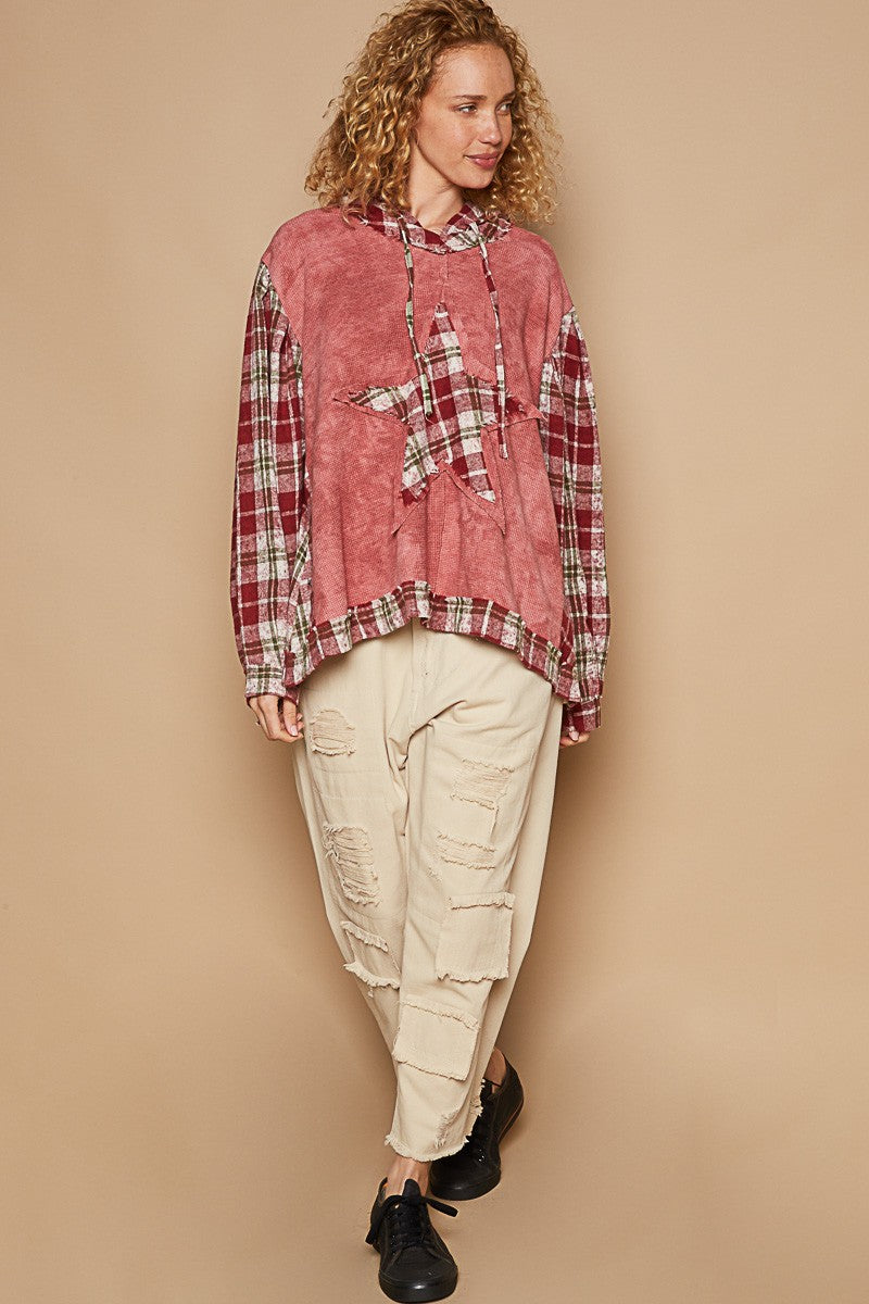 POL Tie Dyed Thermal Knit Top with Contrasting Plaid Sleeves and Star Patch in Redbean Multi