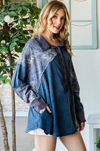 Oli & Hali Mixed Fabric Long Sleeve Top in Blue ON ORDER Shirts & Tops Oli & Hali   