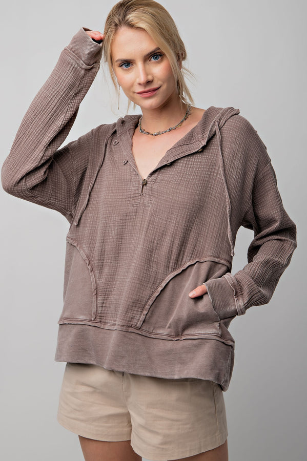 Easel Mineral Washed Cotton Gauze Hoodie in Chocolate Shirts & Tops Easel   