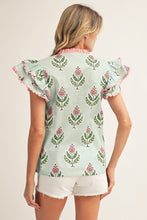 Load image into Gallery viewer, Jodifl Scallop Trim Accent Ruffle Sleeves Boho Floral Top in Mint
