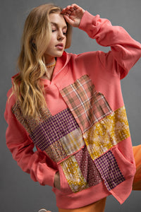 Easel Terry Knit Pullover with Patchwork Details in Coral Shirts & Tops Easel   