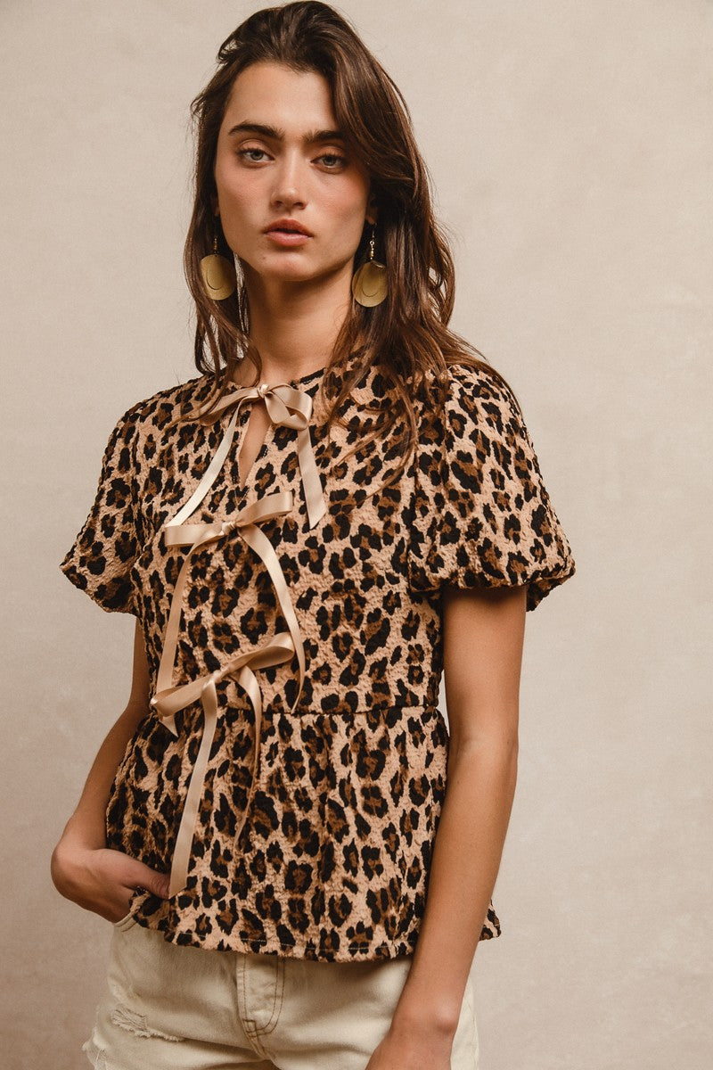 BiBi Textured Peplum Top with Ribbon Ties in Leopard – June Adel