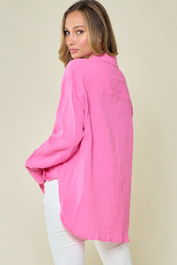 Wisteria Lane Solid Color Textured Gauze Top in Hot Pink
