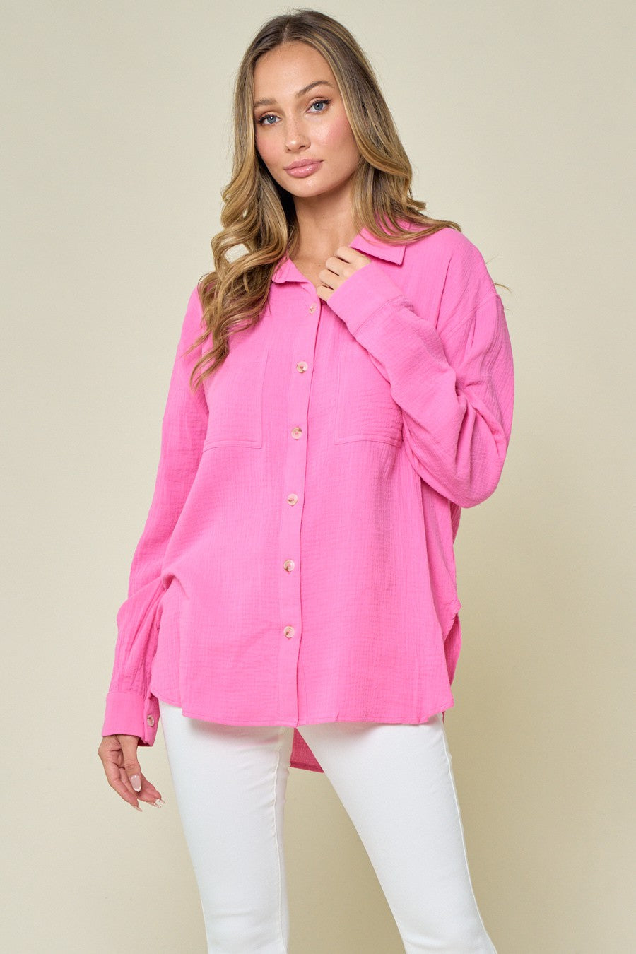 Wisteria Lane Solid Color Textured Gauze Top in Hot Pink – June Adel