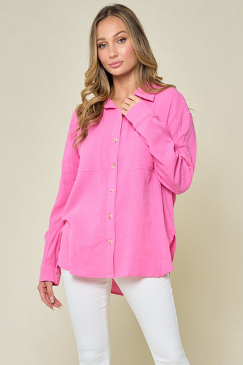 Wisteria Lane Solid Color Textured Gauze Top in Hot Pink
