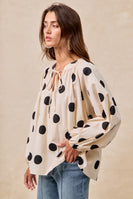BiBi Two Toned Polka Dot Print Exaggerated Balloon Sleeve Top in Oatmeal/Black