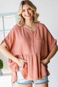 First Love Half Button Down Cotton Gauze Top in Mauve Shirts & Tops First Love   