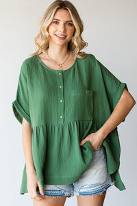 First Love Half Button Down Cotton Gauze Top in Olive Shirts & Tops First Love   