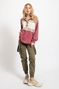 Easel Mineral Washed Henley Top in Red Bean Shirts & Tops Easel   