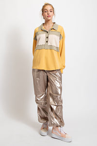 Easel Mineral Washed Henley Top in Mustard Sage Shirts & Tops Easel   