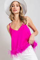 ee:some Solid Color Cami Top with Feather Trim in Hot Pink