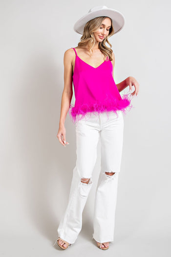 ee:some Solid Color Cami Top with Feather Trim in Hot Pink