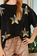 Load image into Gallery viewer, Oddi Check Printed Star Patch Detail Top in Washed Black Shirts &amp; Tops Oddi   

