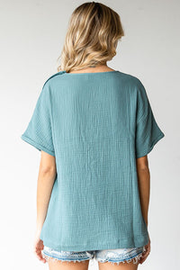 First Love Solid Color Cotton Gauze Top in Teal Shirts & Tops First Love   