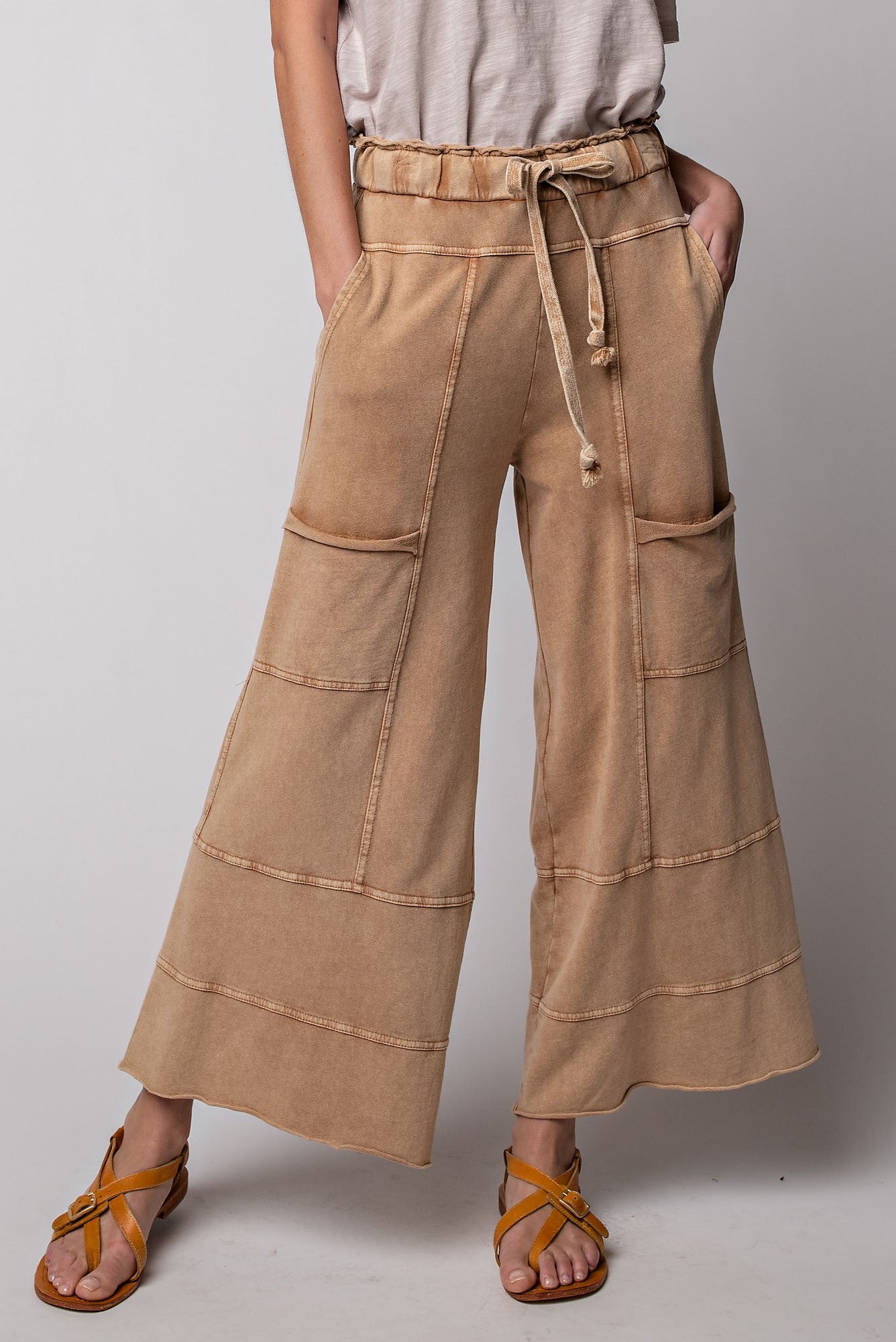Easel Mineral Washed Terry Knit Pants in Camel June Adel