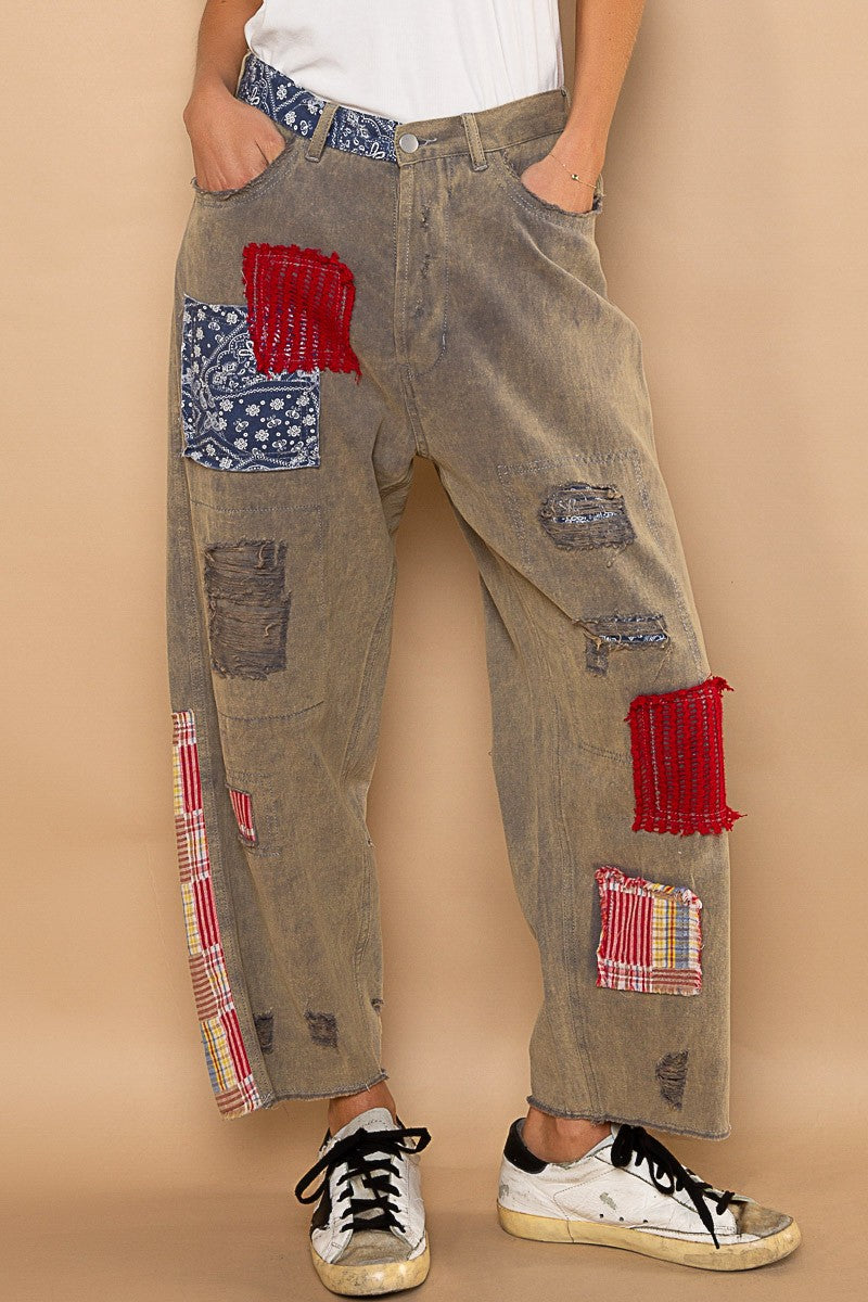 POL Patch Work Detailed Pants in Moss Charcoal Pants POL Clothing   