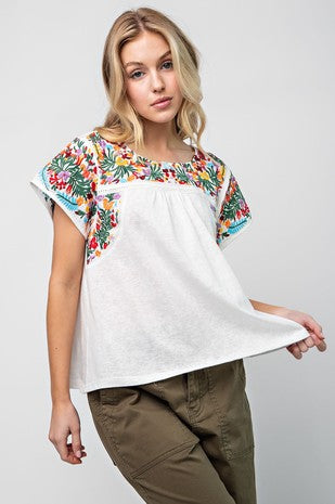 Easel Cotton Top with Embroidery Details in White Top Easel   