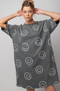 Easel Smiley Face Print T Shirt Dress in Black Dress Easel   