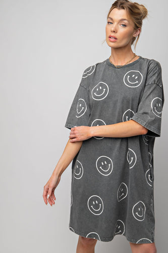 Easel Smiley Face Print T Shirt Dress in Black Dress Easel   