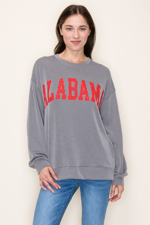 Tres Bien Hometown Collection Ribbed Knit Top with Alabama Print Front in Cloud Grey