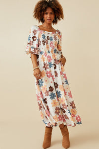 Hayden Mixed Floral Print Dress with Smocked Bodice in Taupe Dress Hayden   