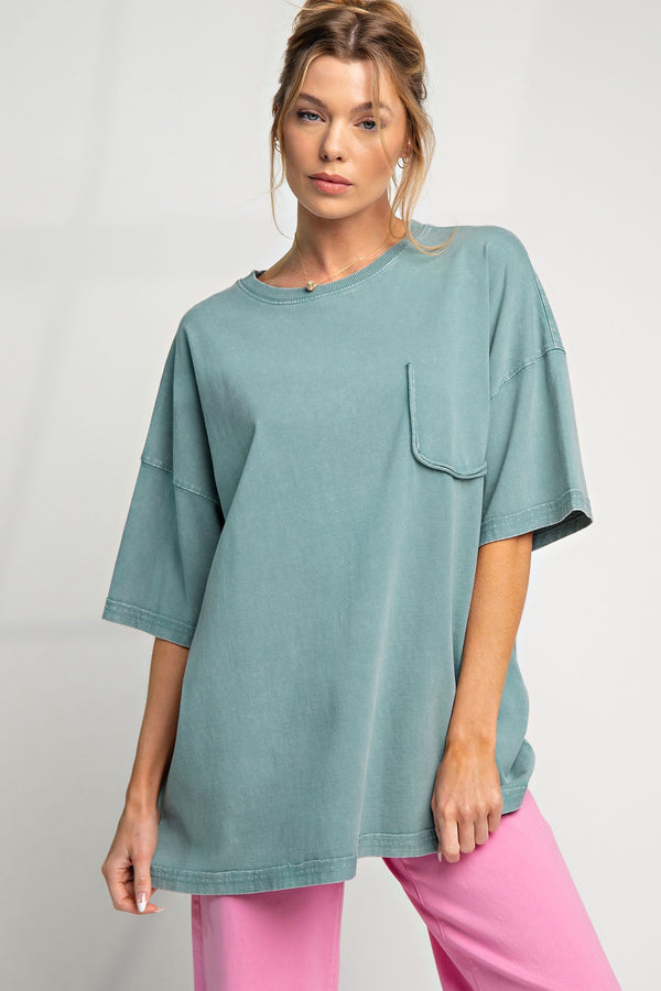 Easel Short Sleeve Mineral Wash Tunic Top in Moss Shirts & Tops Easel   