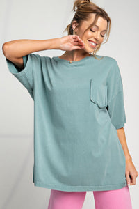 Easel Short Sleeve Mineral Wash Tunic Top in Moss Shirts & Tops Easel   