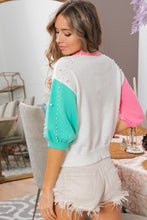 Load image into Gallery viewer, BiBi Color Block Sweater with Pearl Bead Details in Ivory/Pink/Turquoise Shirts &amp; Tops BiBi   
