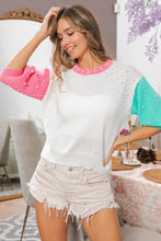 Load image into Gallery viewer, BiBi Color Block Sweater with Pearl Bead Details in Ivory/Pink/Turquoise Shirts &amp; Tops BiBi   
